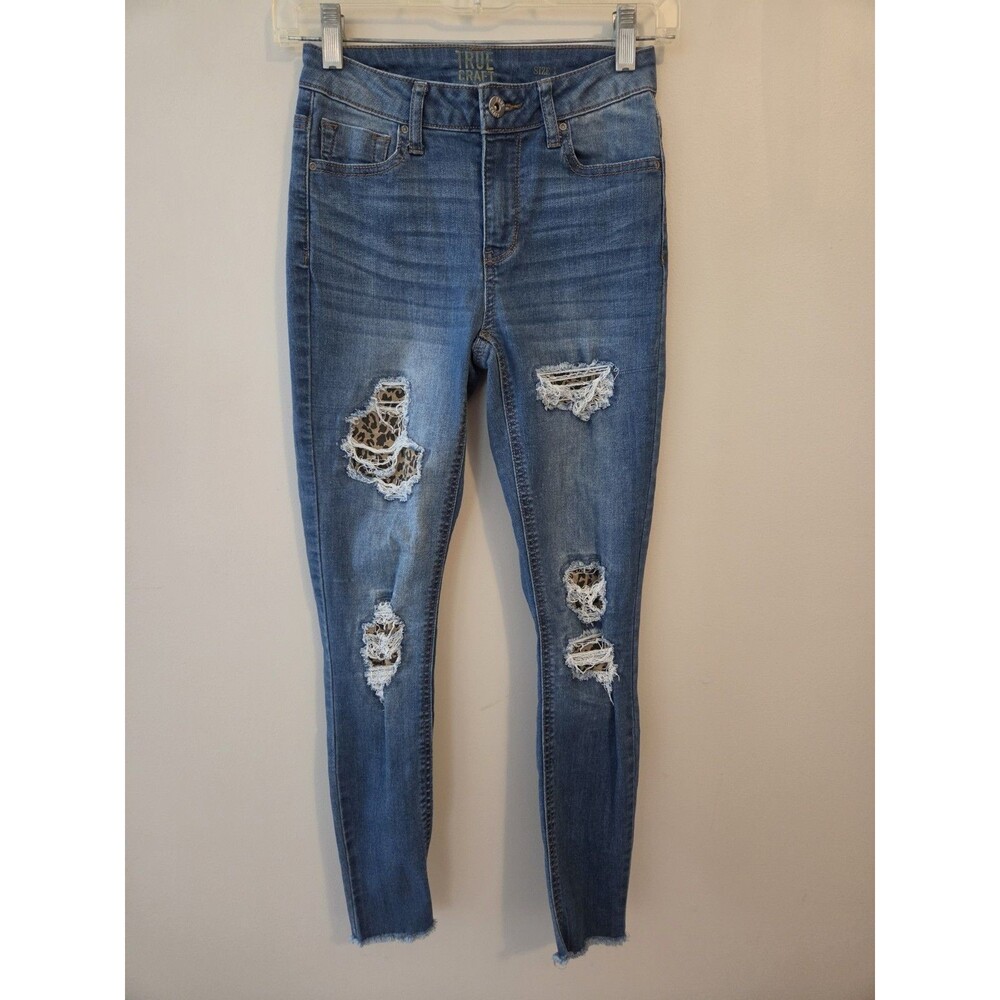 True Craft Mid Rise Skinny Ankle Jean Cheetah Print Distressed Size 1 Fringe Hem
